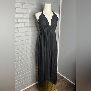 Zara Black Halter Pleated Maxi Dress With Asymmetrical Hem Size Small